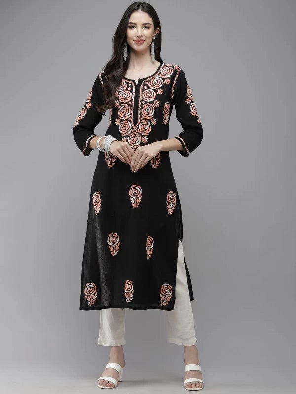 Ada Hand Embroidered Black Cotton Lucknowi Chikankari Straight Kurta A411284