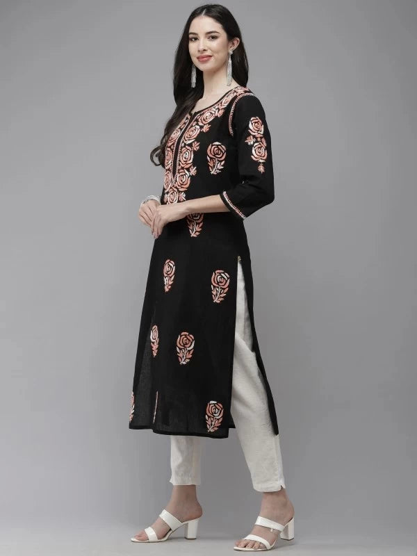 Ada Hand Embroidered Black Cotton Lucknowi Chikankari Straight Kurta A411284