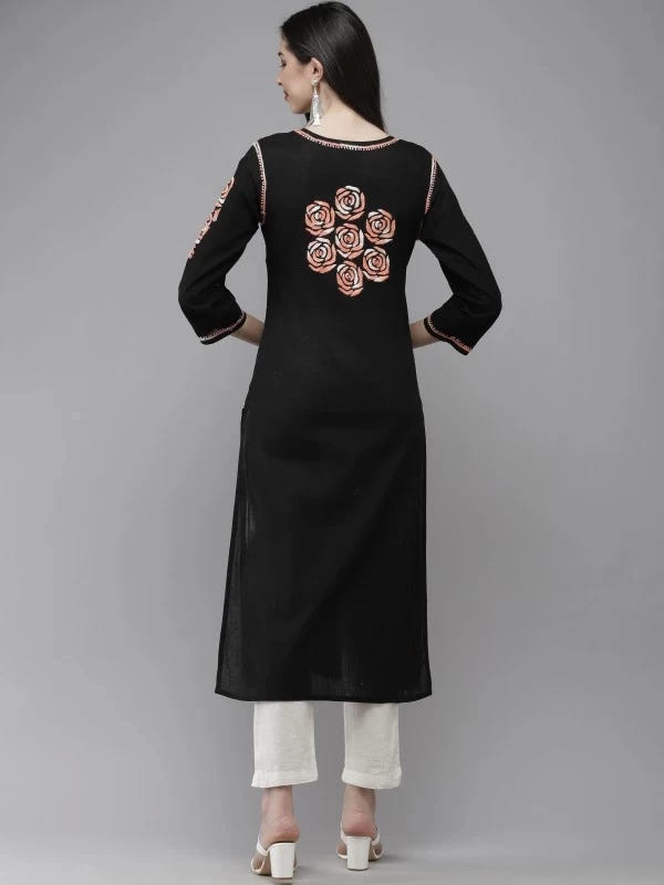 Ada Hand Embroidered Black Cotton Lucknowi Chikankari Straight Kurta A411284