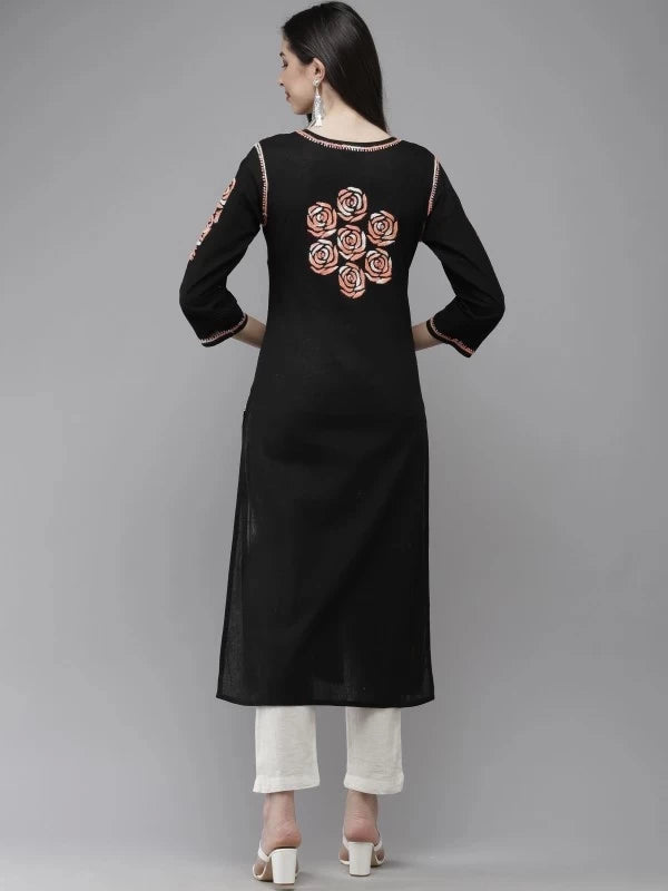 Ada Hand Embroidered Black Cotton Lucknowi Chikankari Straight Kurta A411284