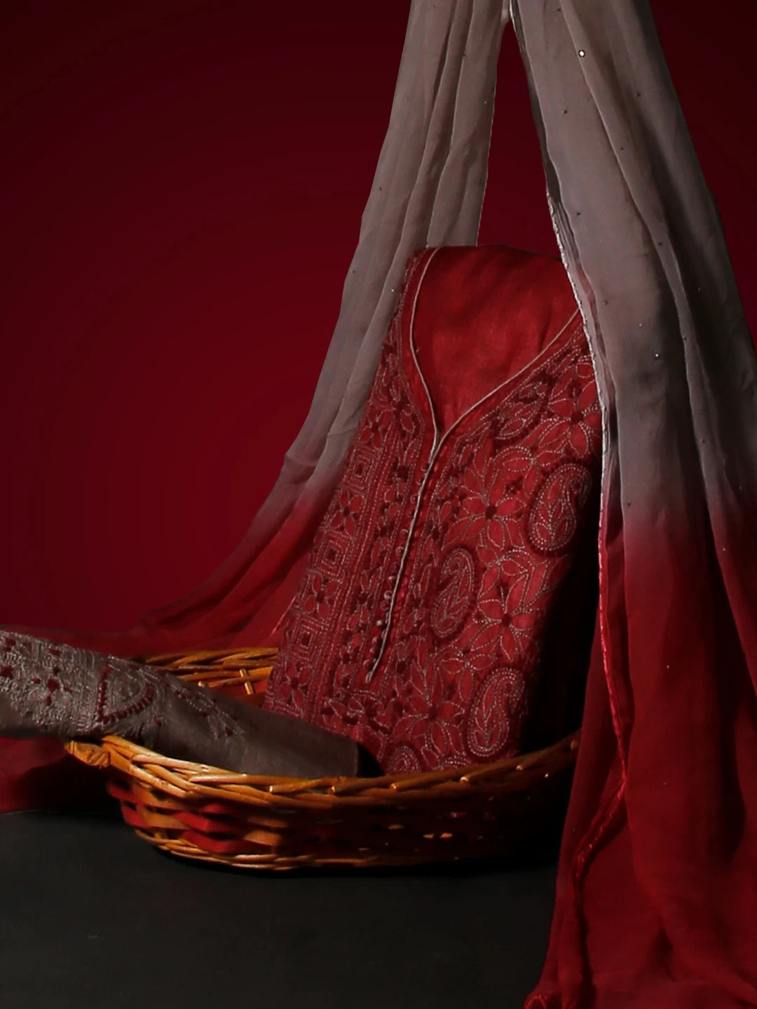 Ada Hand Embroidered Maroon Silk Lucknowi Chikankari Unstitched Suit Piece 01A496168