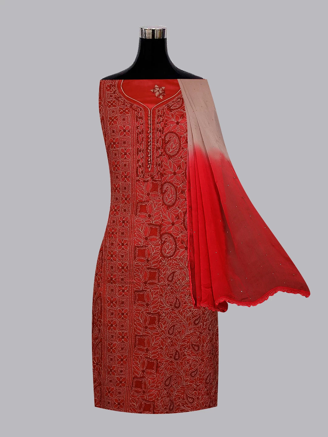 Ada Hand Embroidered Maroon Silk Lucknowi Chikankari Unstitched Suit Piece 01A496168