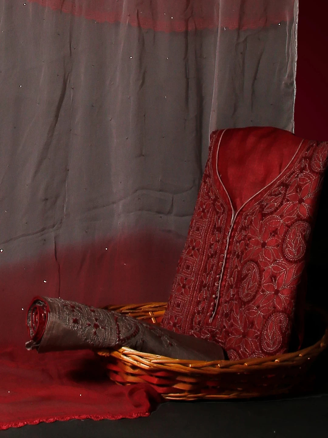 Ada Hand Embroidered Maroon Silk Lucknowi Chikankari Unstitched Suit Piece 01A496168