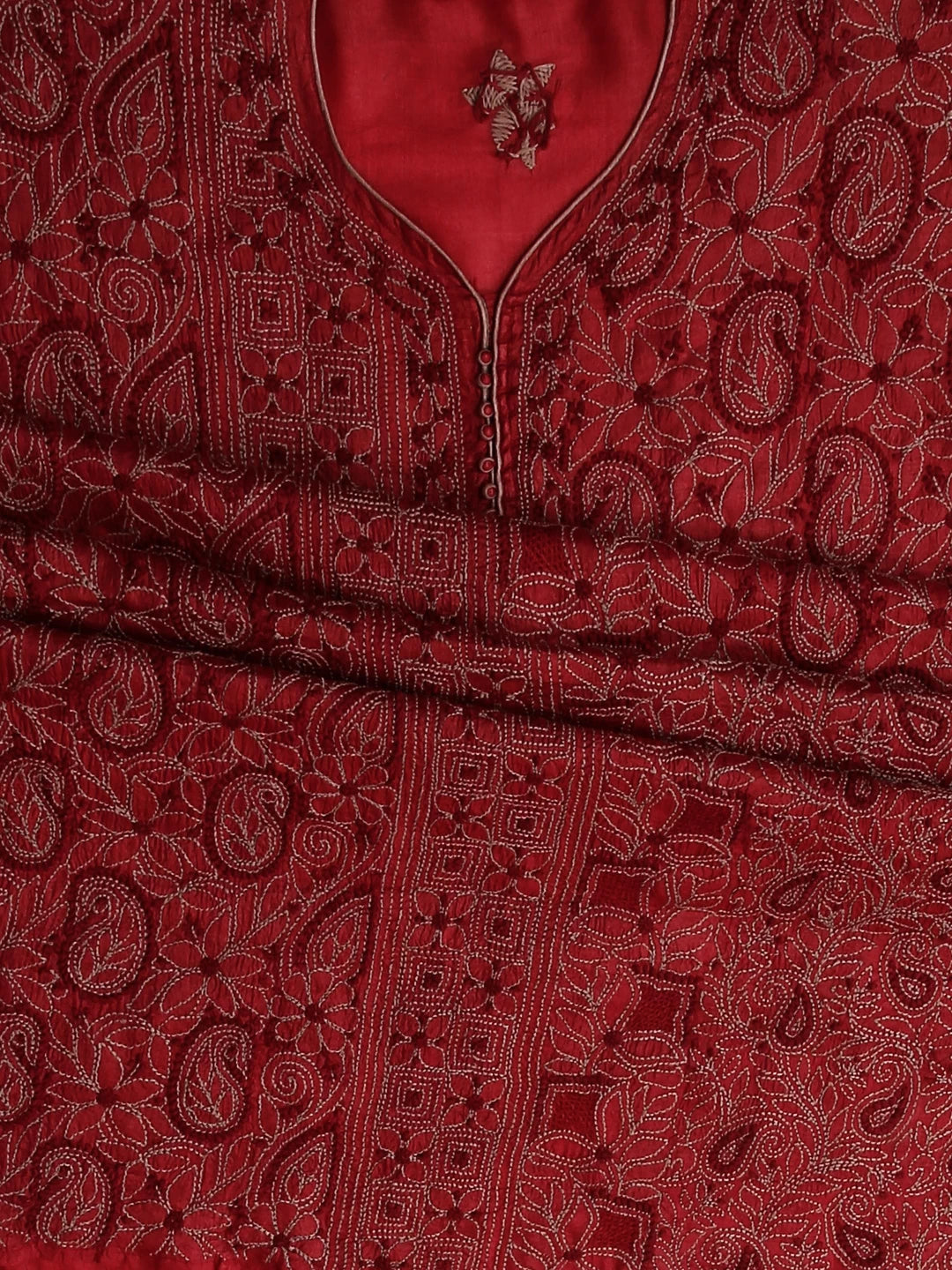 Ada Hand Embroidered Maroon Silk Lucknowi Chikankari Unstitched Suit Piece 01A496168