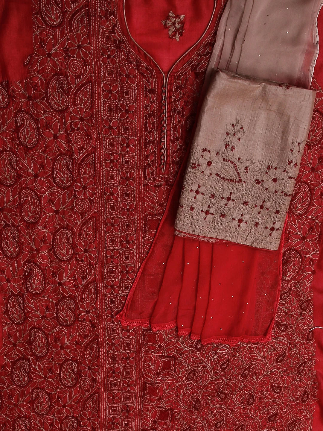 Ada Hand Embroidered Maroon Silk Lucknowi Chikankari Unstitched Suit Piece 01A496168