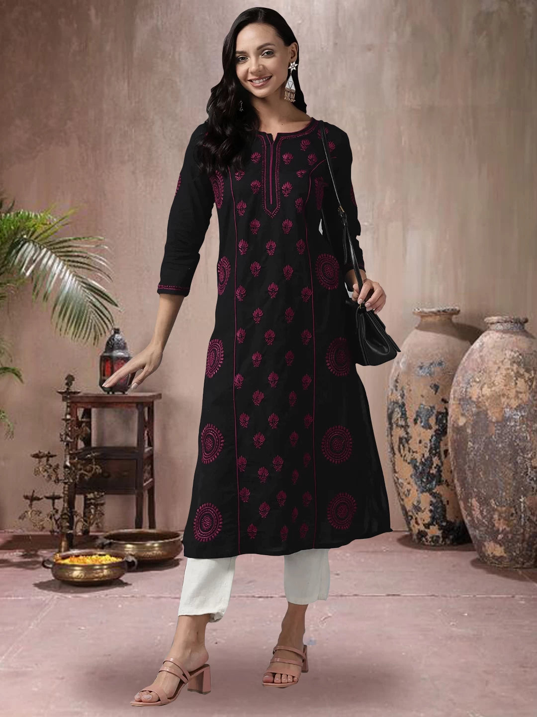 Ada Hand Embroidered Black Cotton Lucknowi Chikankari Straight Kurta A411441