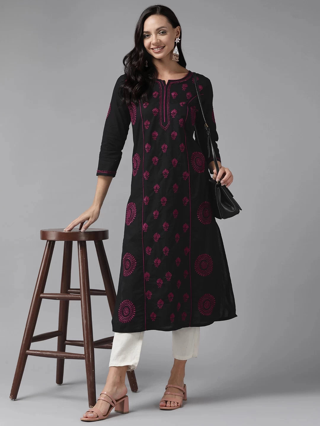 Ada Hand Embroidered Black Cotton Lucknowi Chikankari Straight Kurta A411441