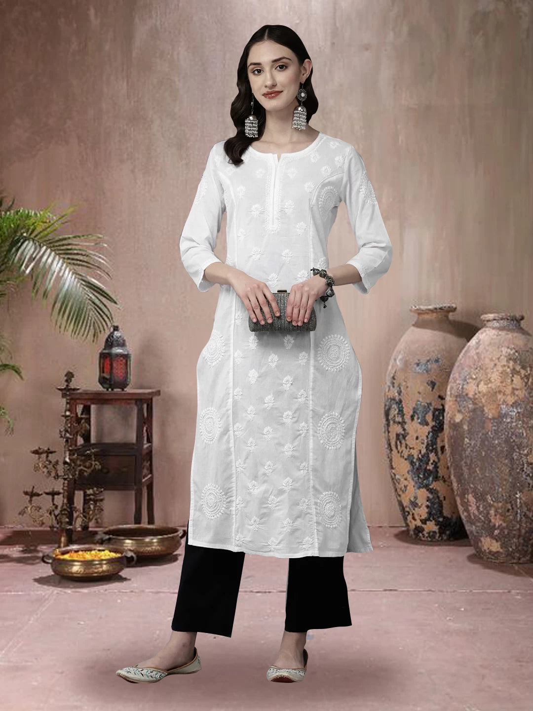 Ada Hand Embroidered White Pure Cotton Lucknowi Chikankari Straight Kurta A411470