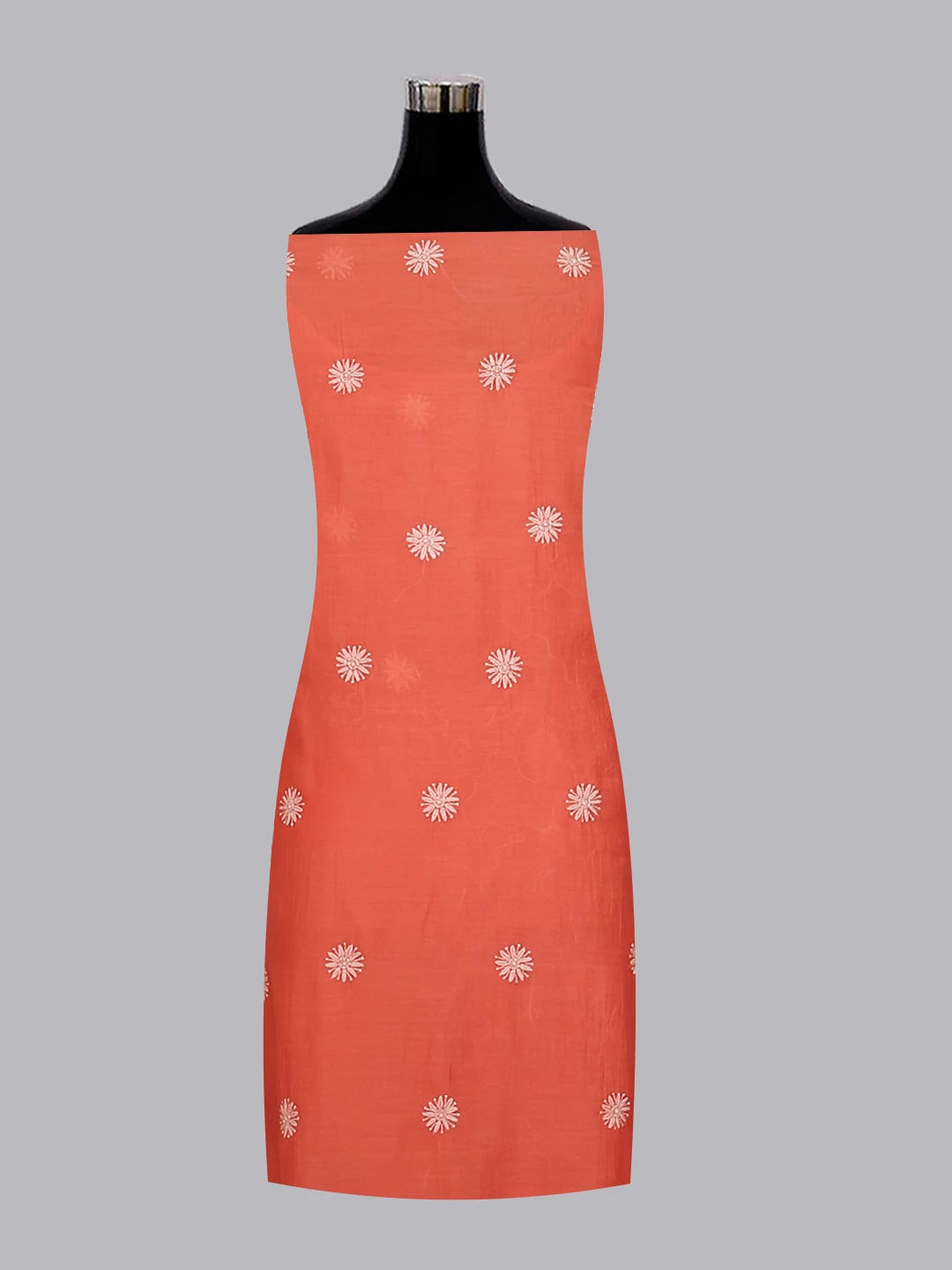 Ada Hand Embroidered Coral Peach Mul Chanderi Lucknowi Chikankari Unstitched Kurta Dupatta Set With Pearl Work 01A462824