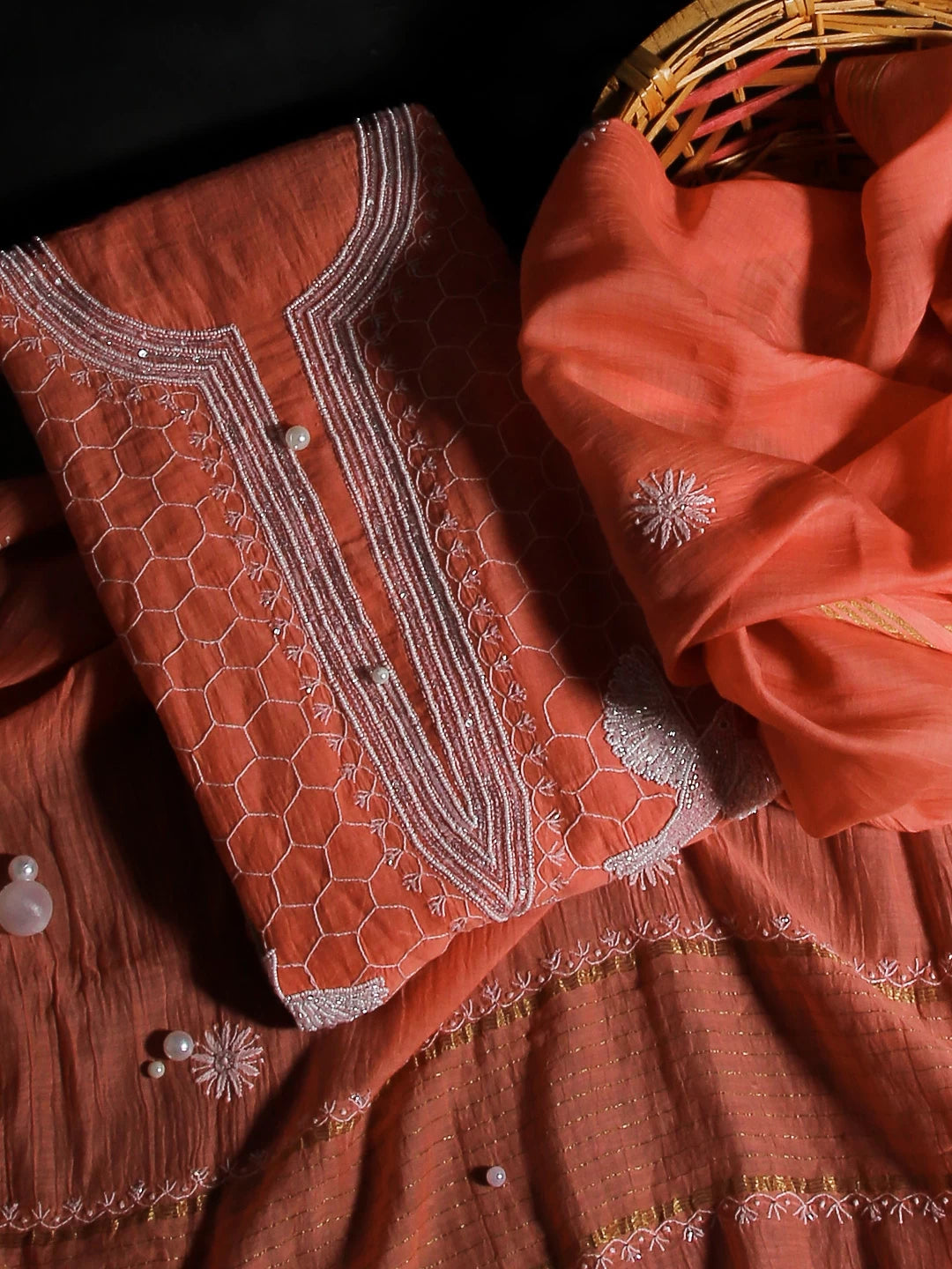Ada Hand Embroidered Coral Peach Mul Chanderi Lucknowi Chikankari Unstitched Kurta Dupatta Set With Pearl Work 01A462824