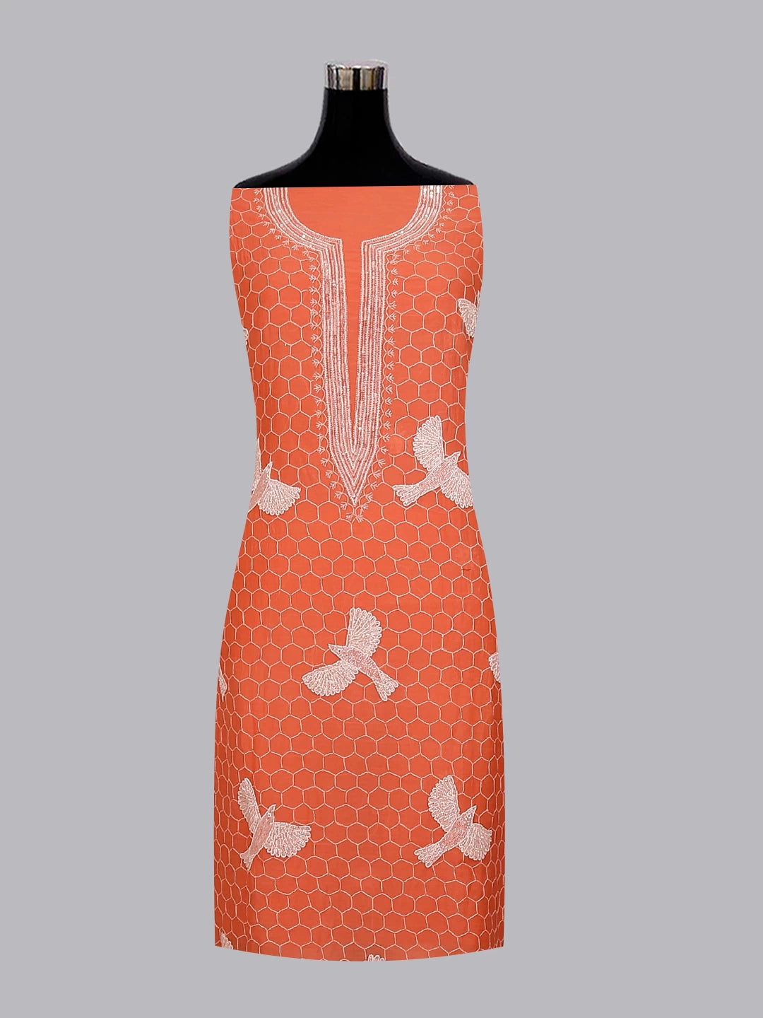Ada Hand Embroidered Coral Peach Mul Chanderi Lucknowi Chikankari Unstitched Kurta Dupatta Set With Pearl Work 01A462824