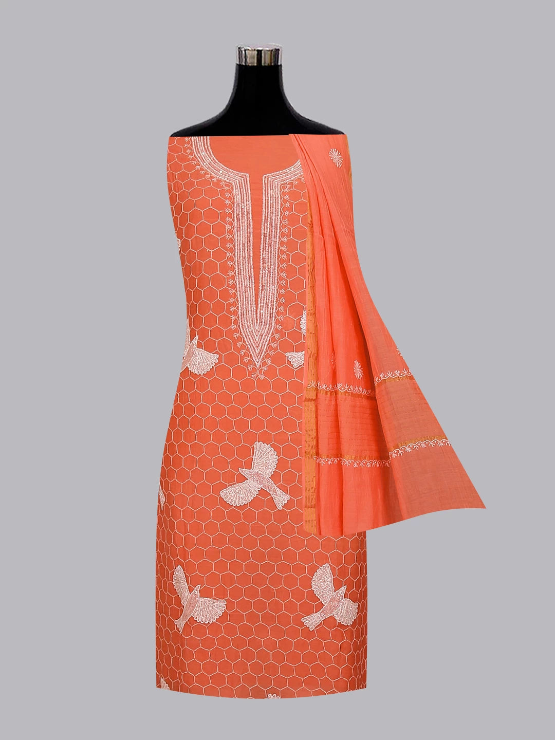 Ada Hand Embroidered Coral Peach Mul Chanderi Lucknowi Chikankari Unstitched Kurta Dupatta Set With Pearl Work 01A462824