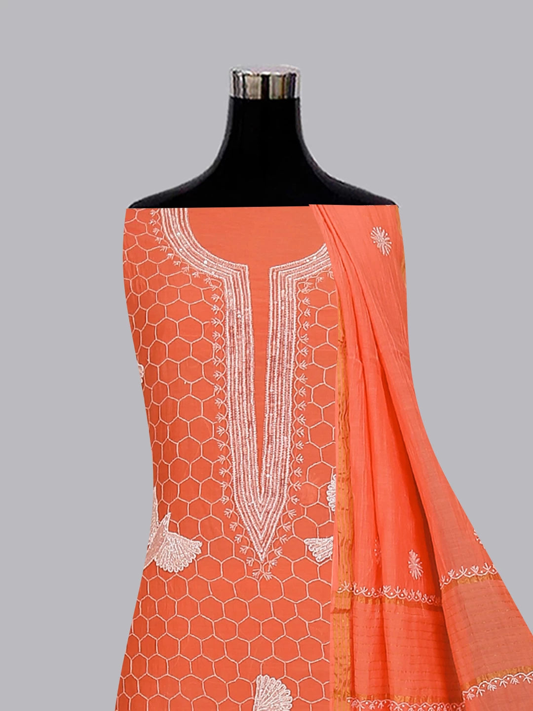 Ada Hand Embroidered Coral Peach Mul Chanderi Lucknowi Chikankari Unstitched Kurta Dupatta Set With Pearl Work 01A462824