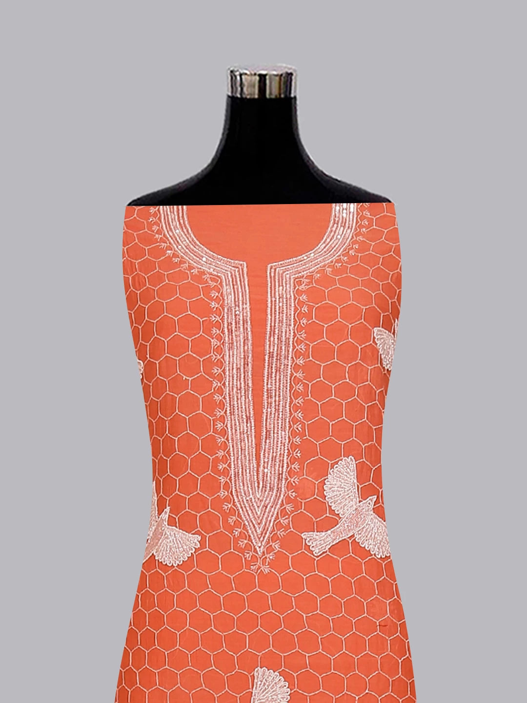 Ada Hand Embroidered Coral Peach Mul Chanderi Lucknowi Chikankari Unstitched Kurta Dupatta Set With Pearl Work 01A462824