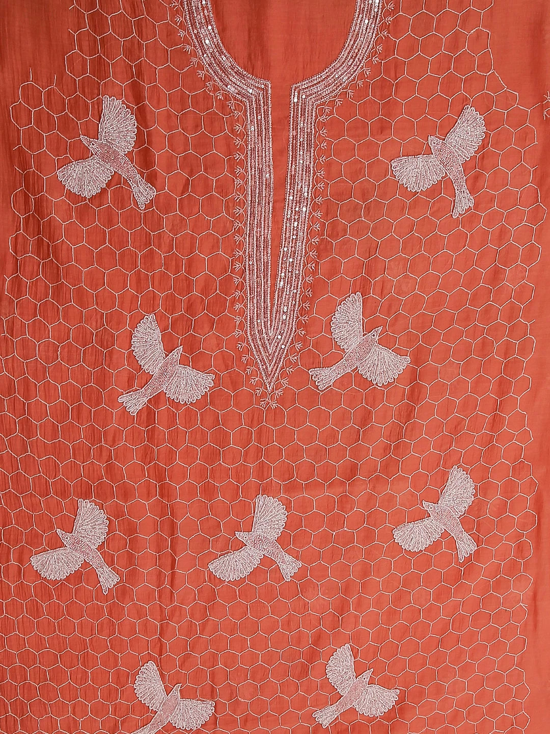 Ada Hand Embroidered Coral Peach Mul Chanderi Lucknowi Chikankari Unstitched Kurta Dupatta Set With Pearl Work 01A462824