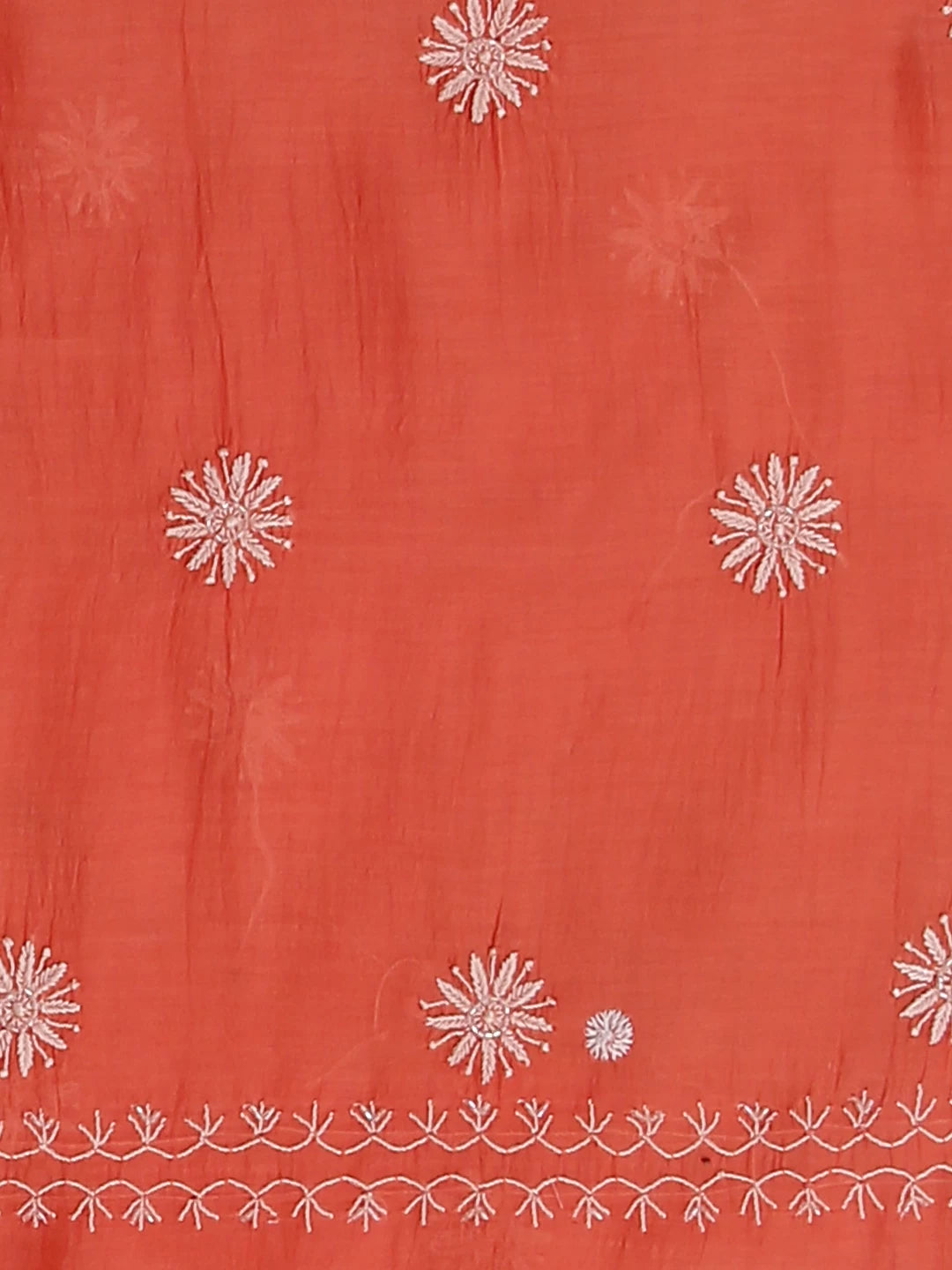 Ada Hand Embroidered Coral Peach Mul Chanderi Lucknowi Chikankari Unstitched Kurta Dupatta Set With Pearl Work 01A462824