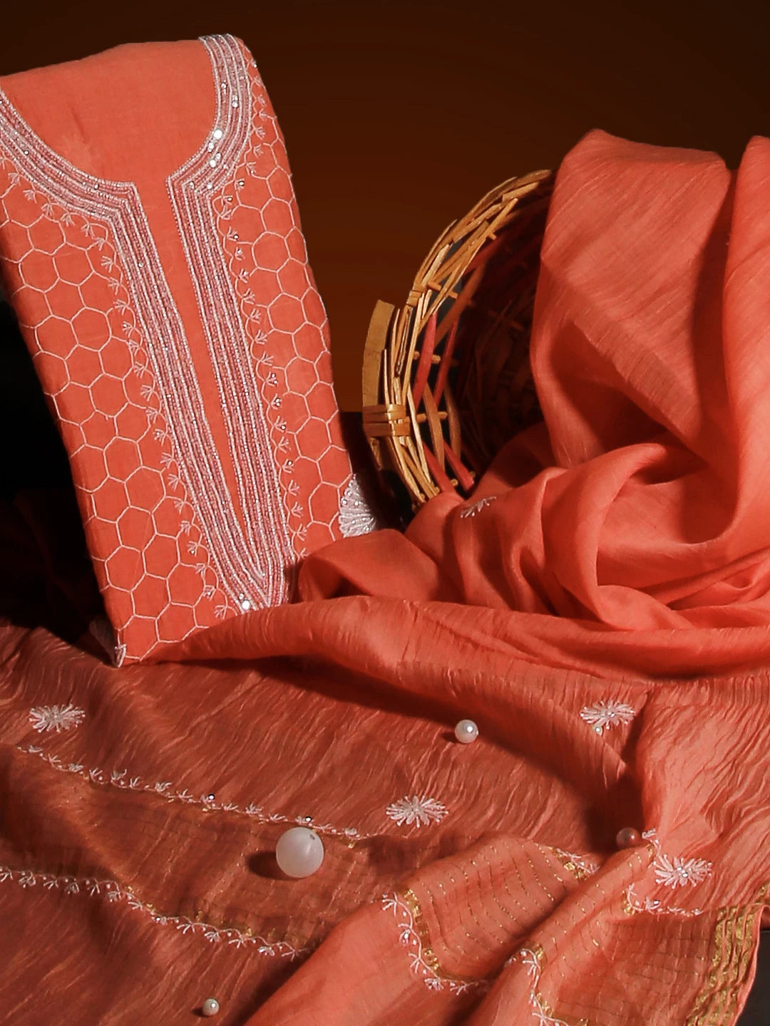 Ada Hand Embroidered Coral Peach Mul Chanderi Lucknowi Chikankari Unstitched Kurta Dupatta Set With Pearl Work 01A462824