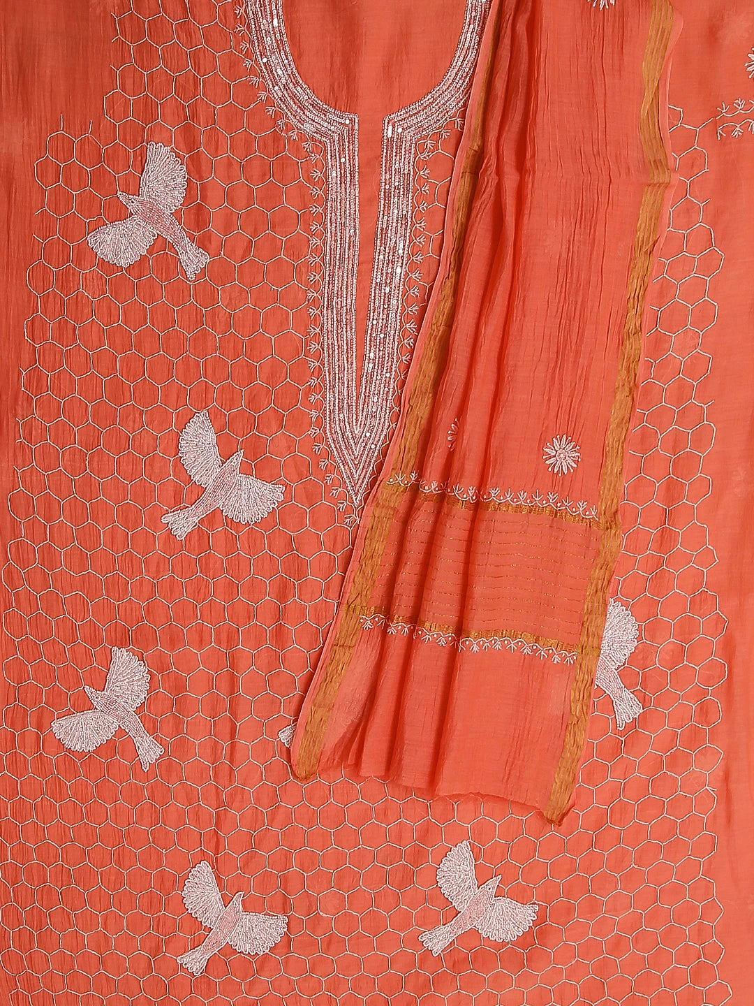 Ada Hand Embroidered Coral Peach Mul Chanderi Lucknowi Chikankari Unstitched Kurta Dupatta Set With Pearl Work 01A462824