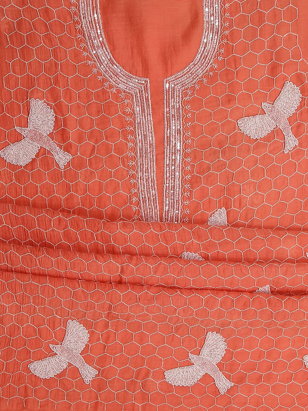 Ada Hand Embroidered Coral Peach Mul Chanderi Lucknowi Chikankari Unstitched Kurta Dupatta Set With Pearl Work 01A462824