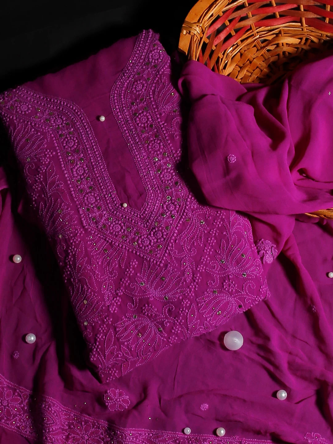 Ada Hand Embroidered Purple Viscose Georgette Lucknowi Chikankari Unstitched Kurta Dupatta Set With Muqaish Work 01A459420