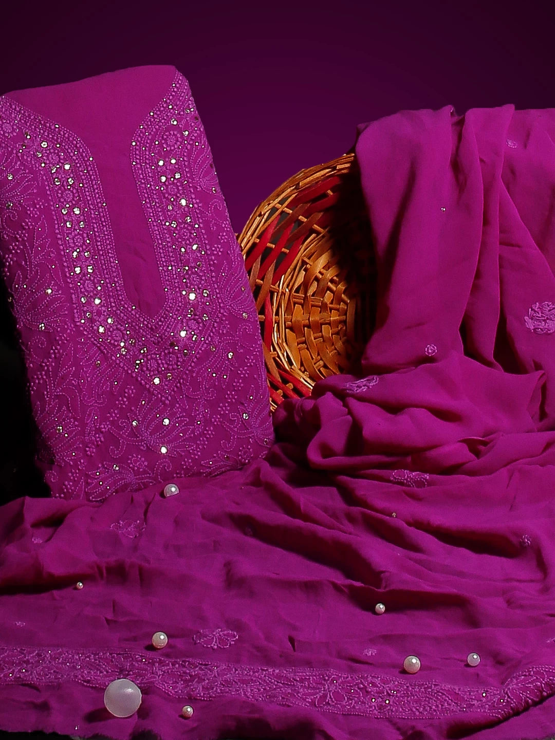Ada Hand Embroidered Purple Viscose Georgette Lucknowi Chikankari Unstitched Kurta Dupatta Set With Muqaish Work 01A459420
