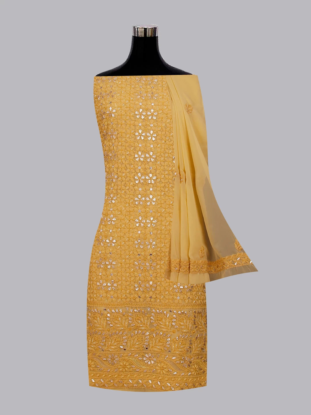 Ada Hand Embroidered Beige Georgette Lucknowi Chikankari Unstitched Suit Piece With Gotapatti 01A358424