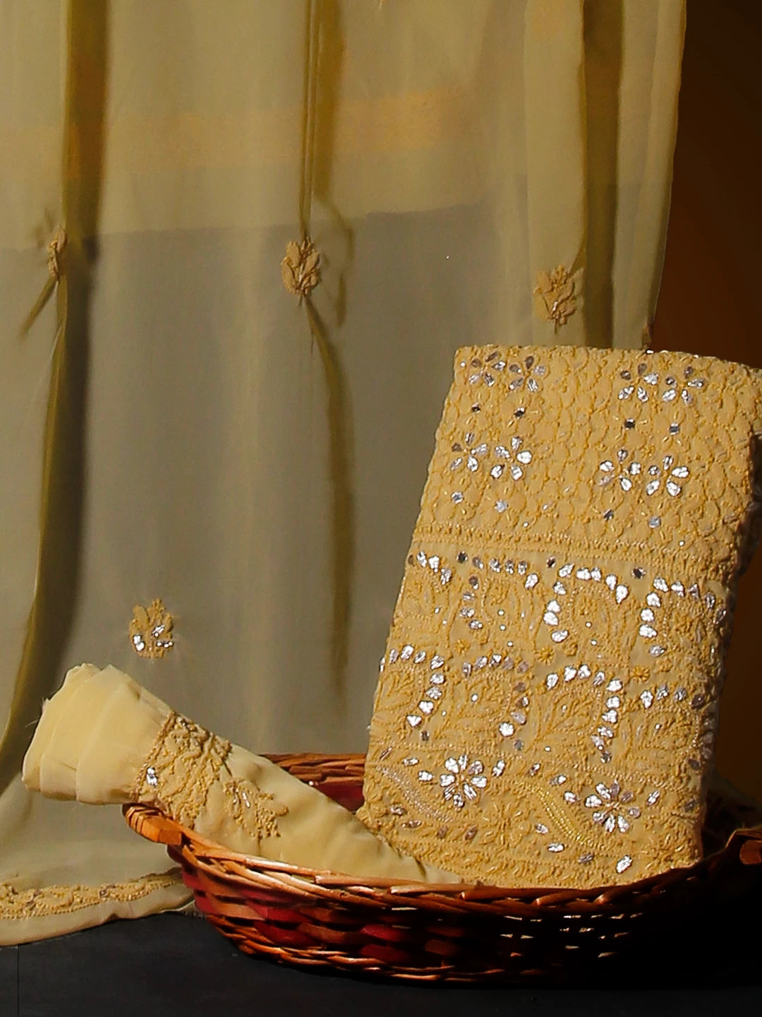 Ada Hand Embroidered Beige Georgette Lucknowi Chikankari Unstitched Suit Piece With Gotapatti 01A358424