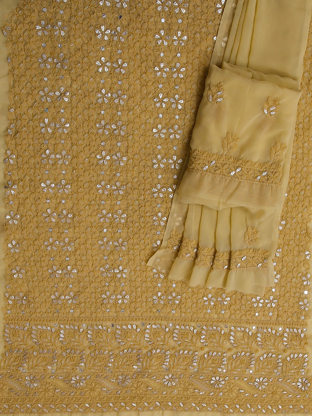 Ada Hand Embroidered Beige Georgette Lucknowi Chikankari Unstitched Suit Piece With Gotapatti 01A358424