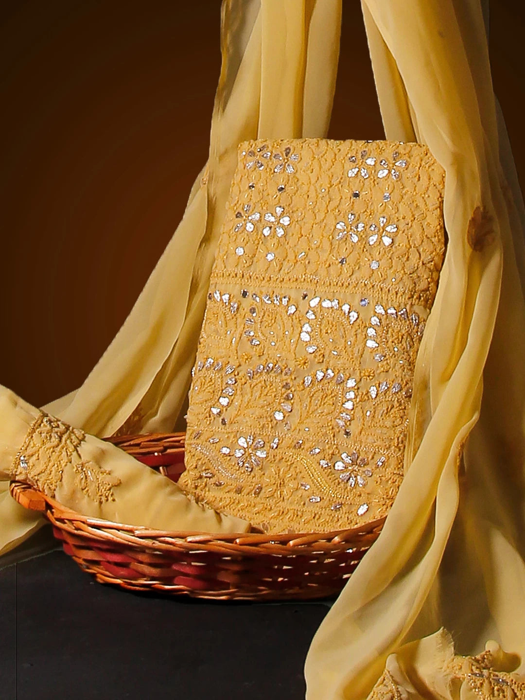 Ada Hand Embroidered Beige Georgette Lucknowi Chikankari Unstitched Suit Piece With Gotapatti 01A358424