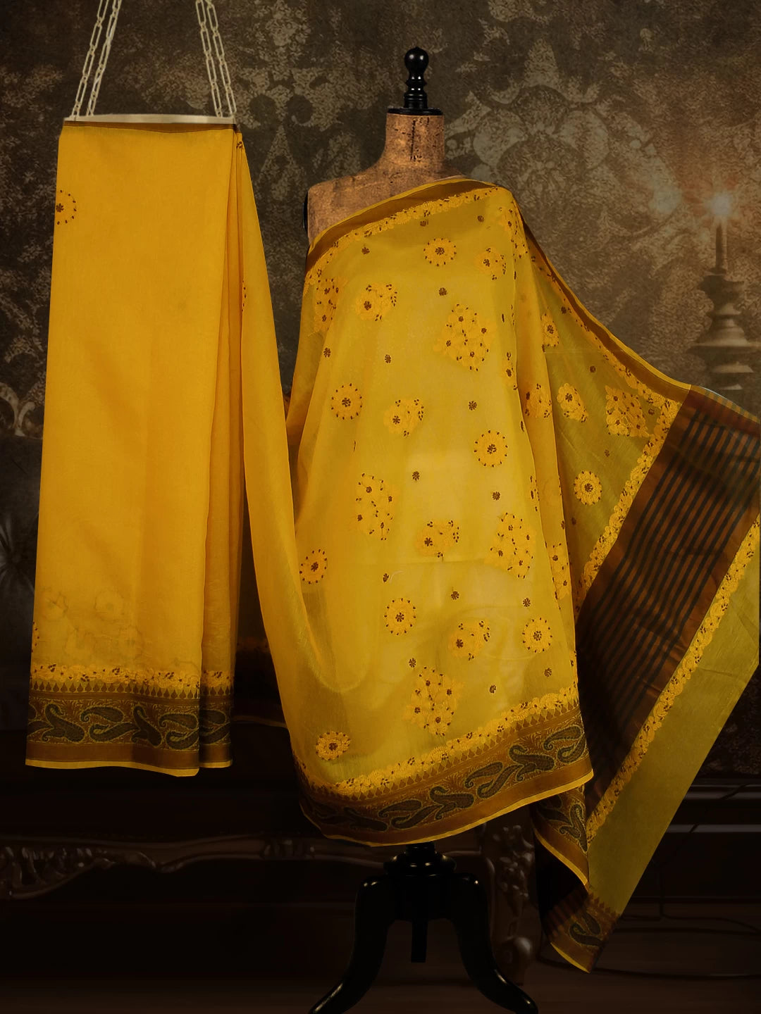 Ada Hand Embroidered Sun Yellow Chanderi Lucknowi Chikankari Saree With Blouse 01A497052