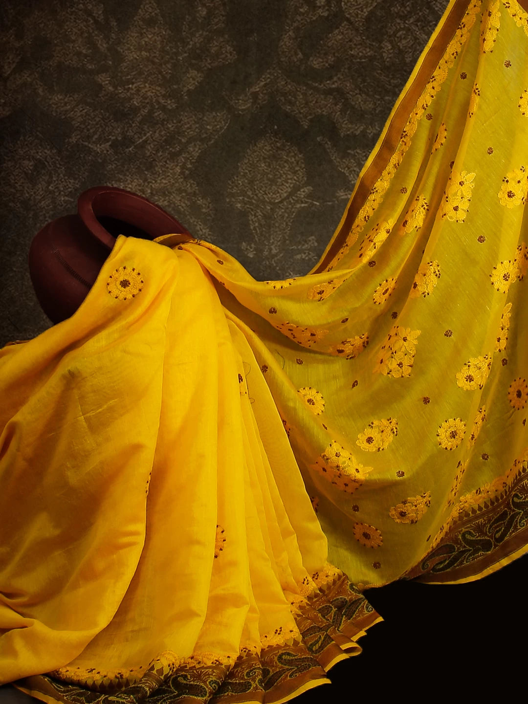 Ada Hand Embroidered Sun Yellow Chanderi Lucknowi Chikankari Saree With Blouse 01A497052