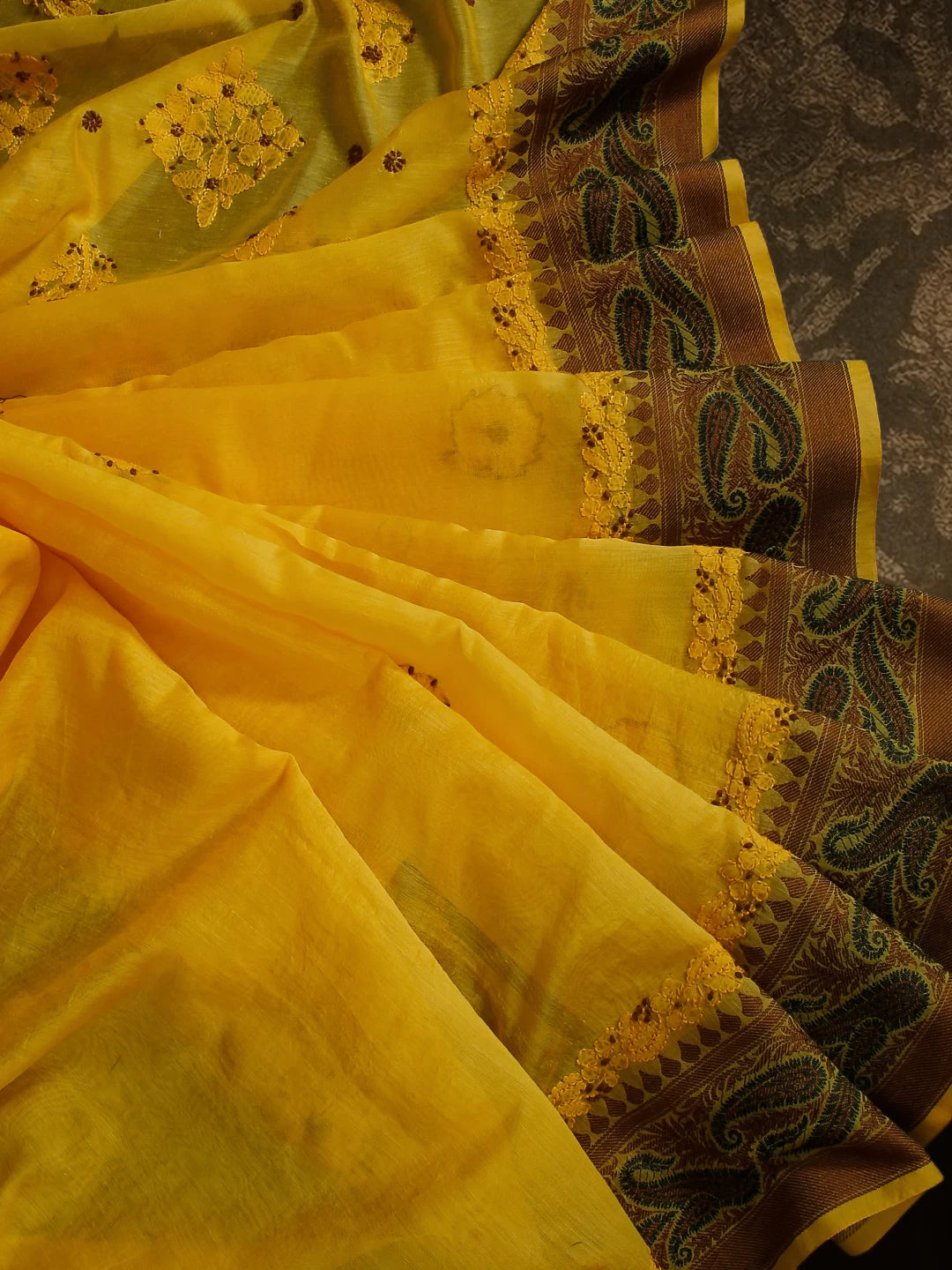 Ada Hand Embroidered Sun Yellow Chanderi Lucknowi Chikankari Saree With Blouse 01A497052