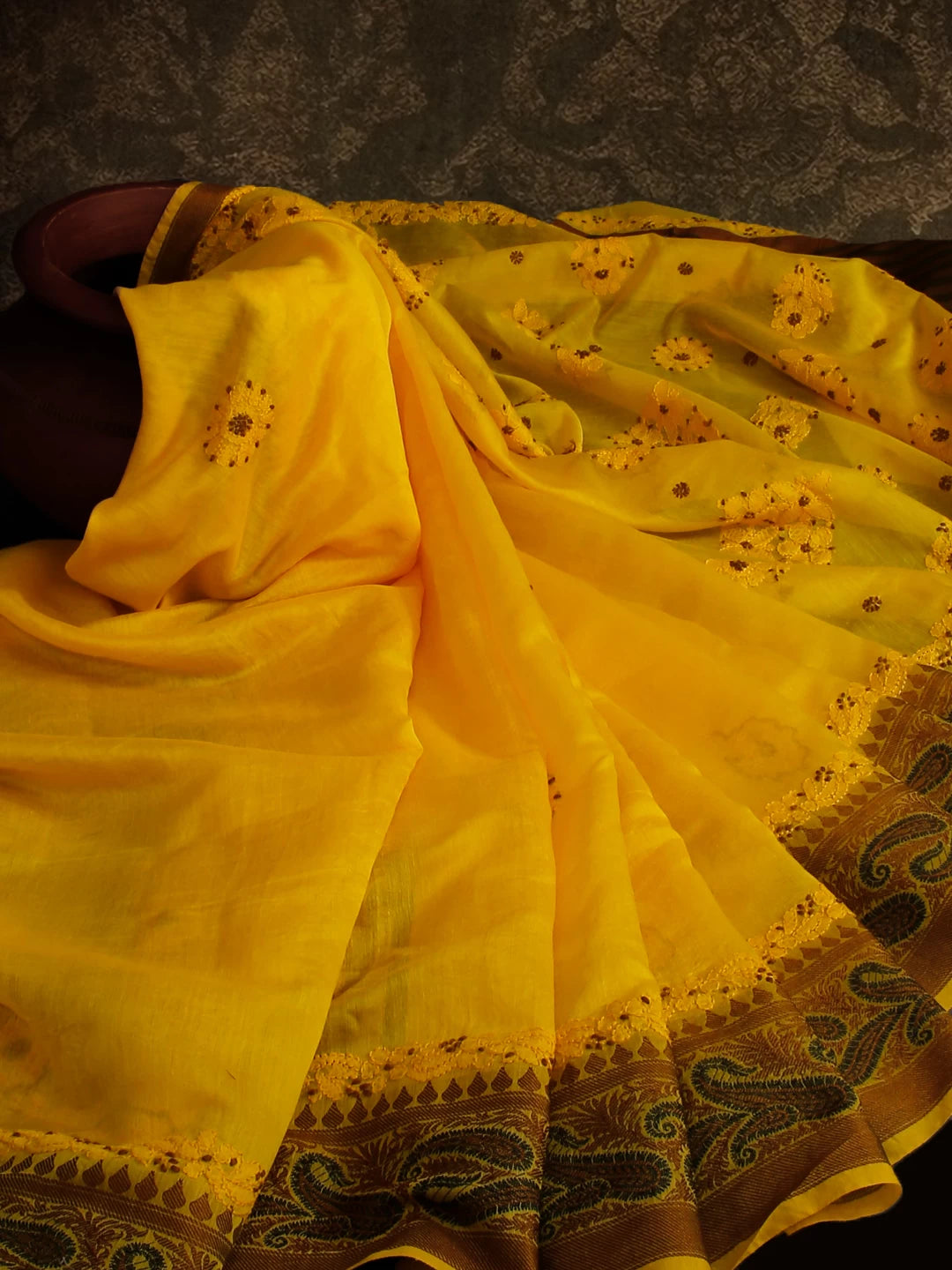 Ada Hand Embroidered Sun Yellow Chanderi Lucknowi Chikankari Saree With Blouse 01A497052