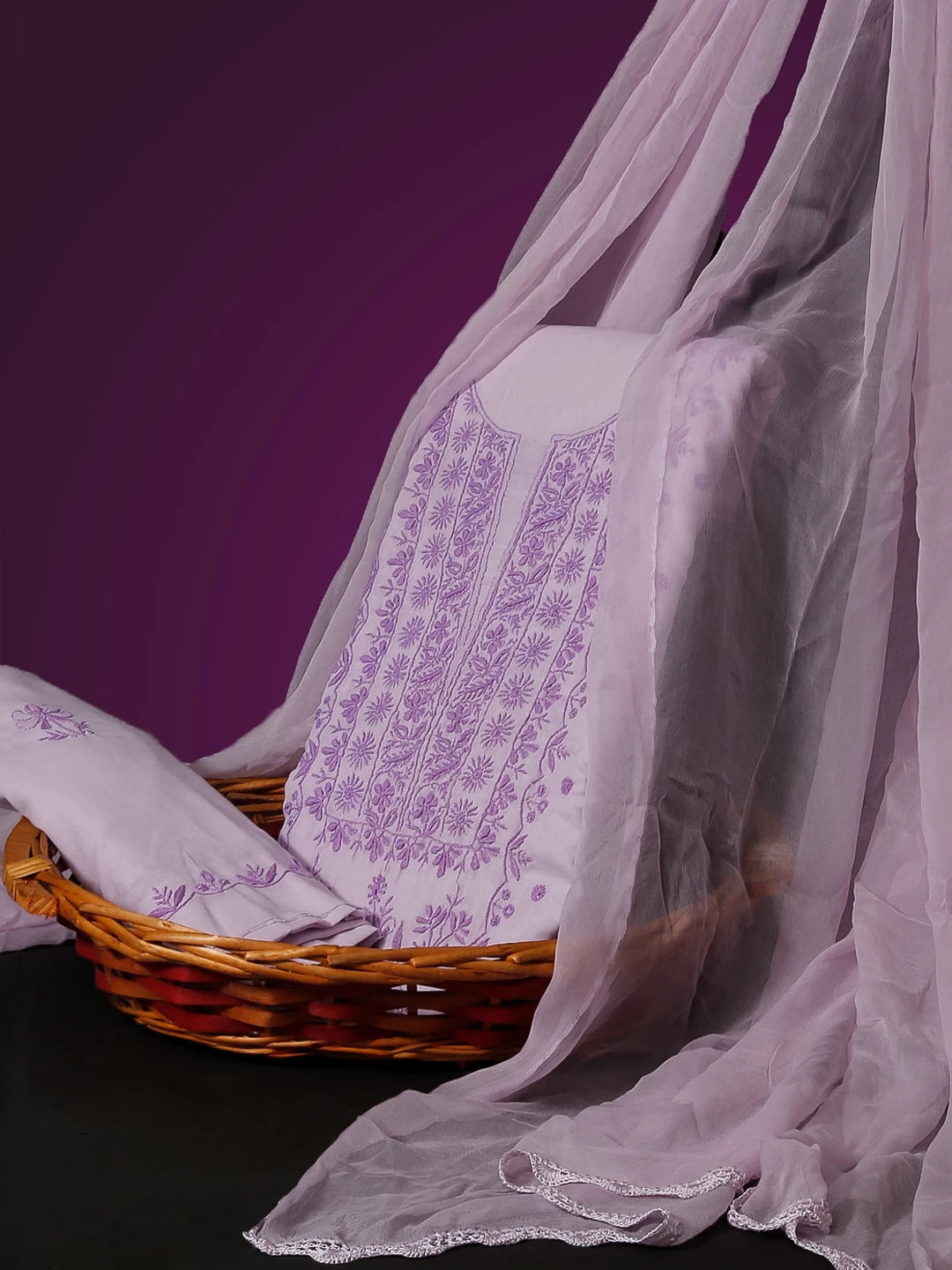 Ada Hand Embroidered Lilac Mulmul Lucknowi Chikankari Unstitched Suit Piece 01A421764
