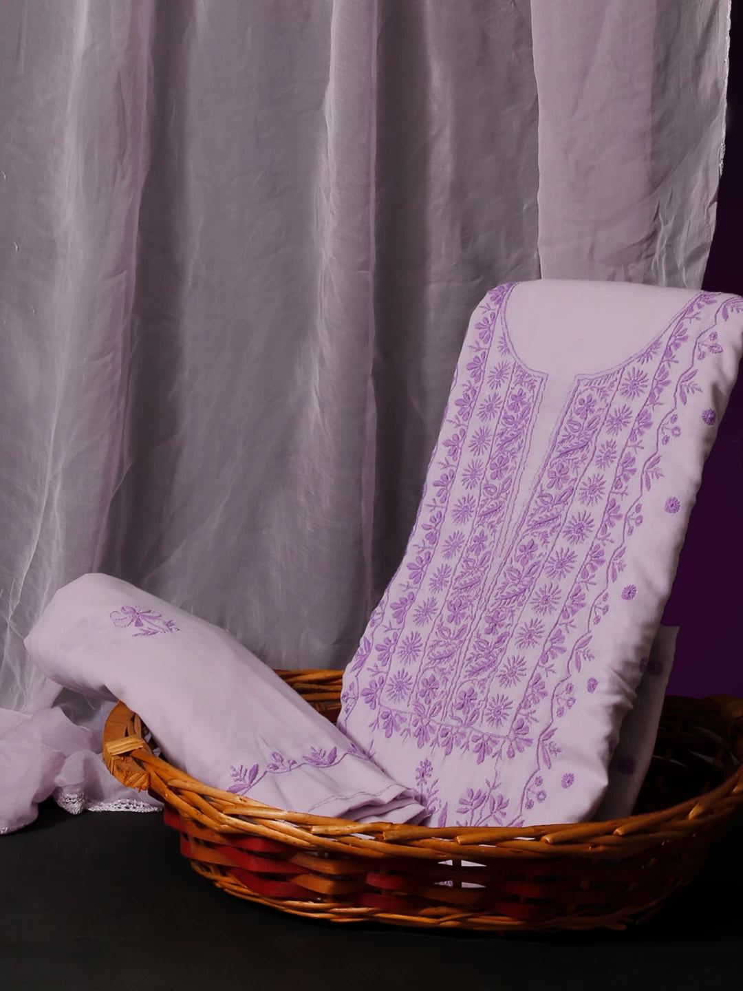 Ada Hand Embroidered Lilac Mulmul Lucknowi Chikankari Unstitched Suit Piece 01A421764