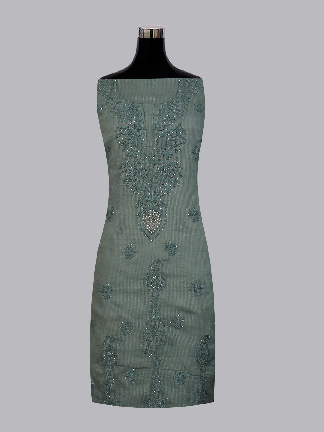 Ada Hand Embroidered Duck Green Kota Cotton Lucknowi Chikankari Unstitched Kurta Dupatta Set With Mukaish Work 01A399930