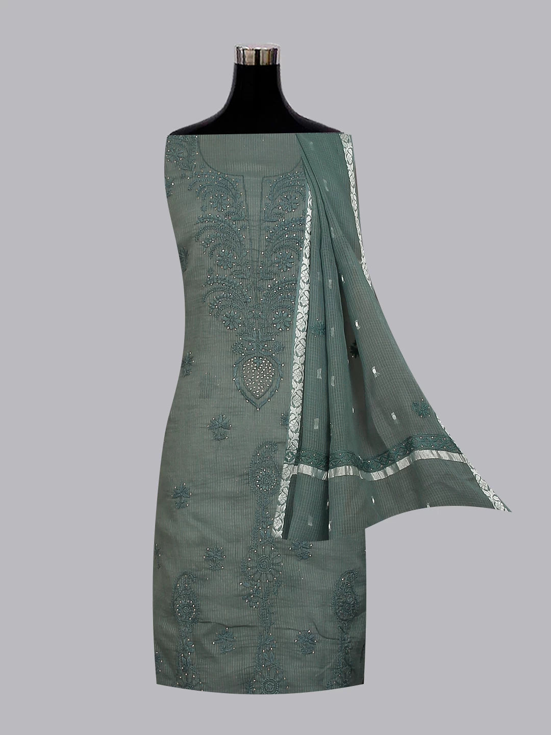 Ada Hand Embroidered Duck Green Kota Cotton Lucknowi Chikankari Unstitched Kurta Dupatta Set With Mukaish Work 01A399930
