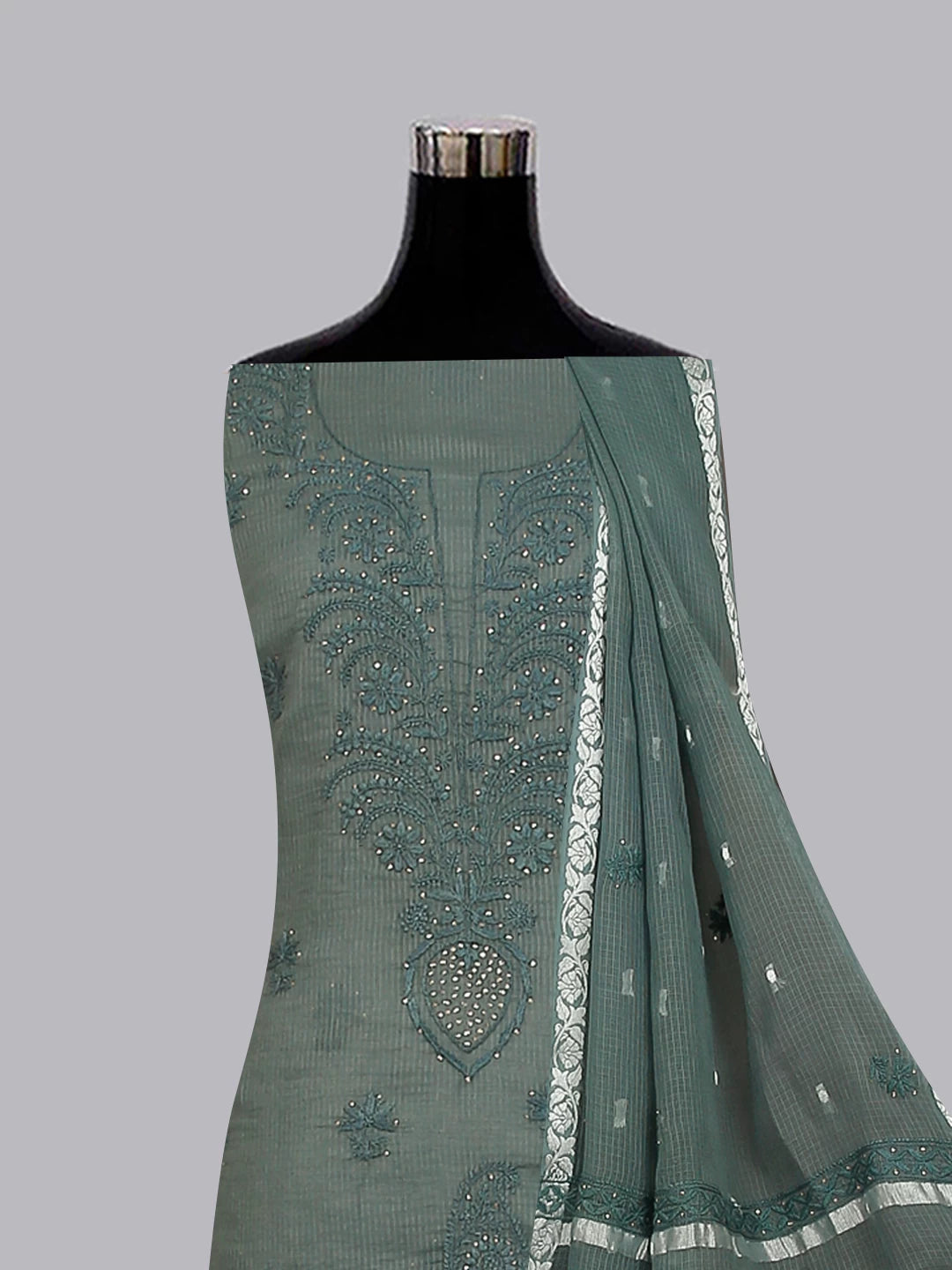 Ada Hand Embroidered Duck Green Kota Cotton Lucknowi Chikankari Unstitched Kurta Dupatta Set With Mukaish Work 01A399930