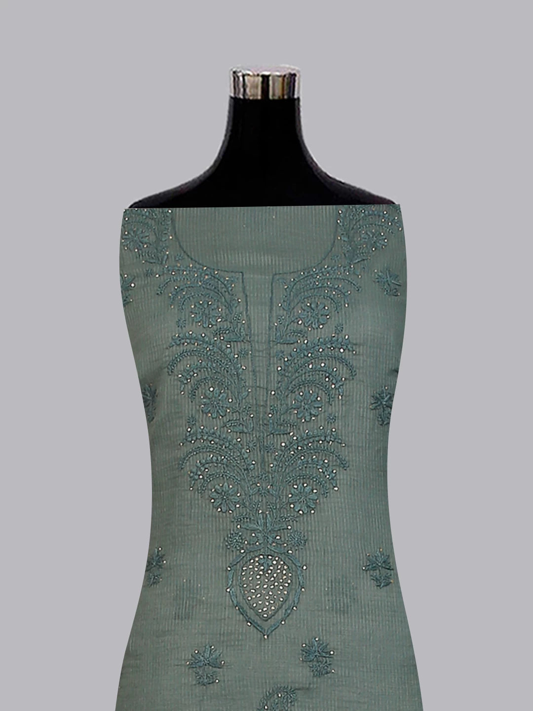 Ada Hand Embroidered Duck Green Kota Cotton Lucknowi Chikankari Unstitched Kurta Dupatta Set With Mukaish Work 01A399930