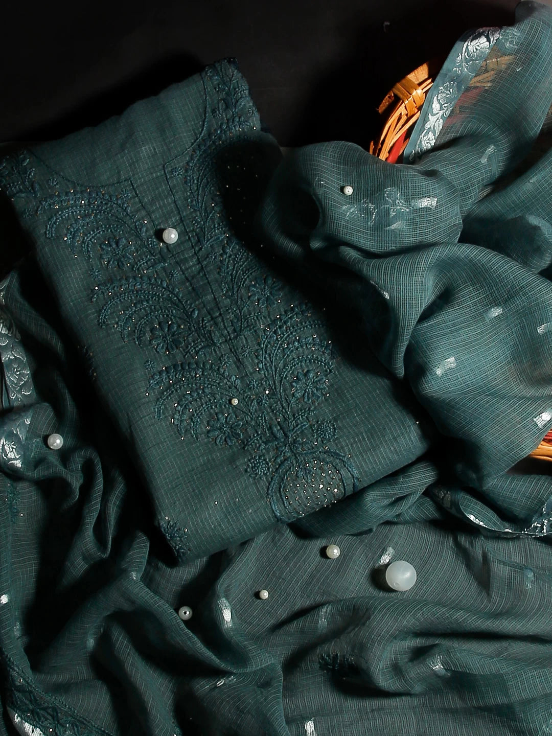 Ada Hand Embroidered Duck Green Kota Cotton Lucknowi Chikankari Unstitched Kurta Dupatta Set With Mukaish Work 01A399930