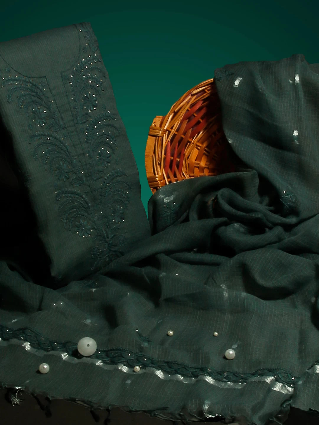 Ada Hand Embroidered Duck Green Kota Cotton Lucknowi Chikankari Unstitched Kurta Dupatta Set With Mukaish Work 01A399930
