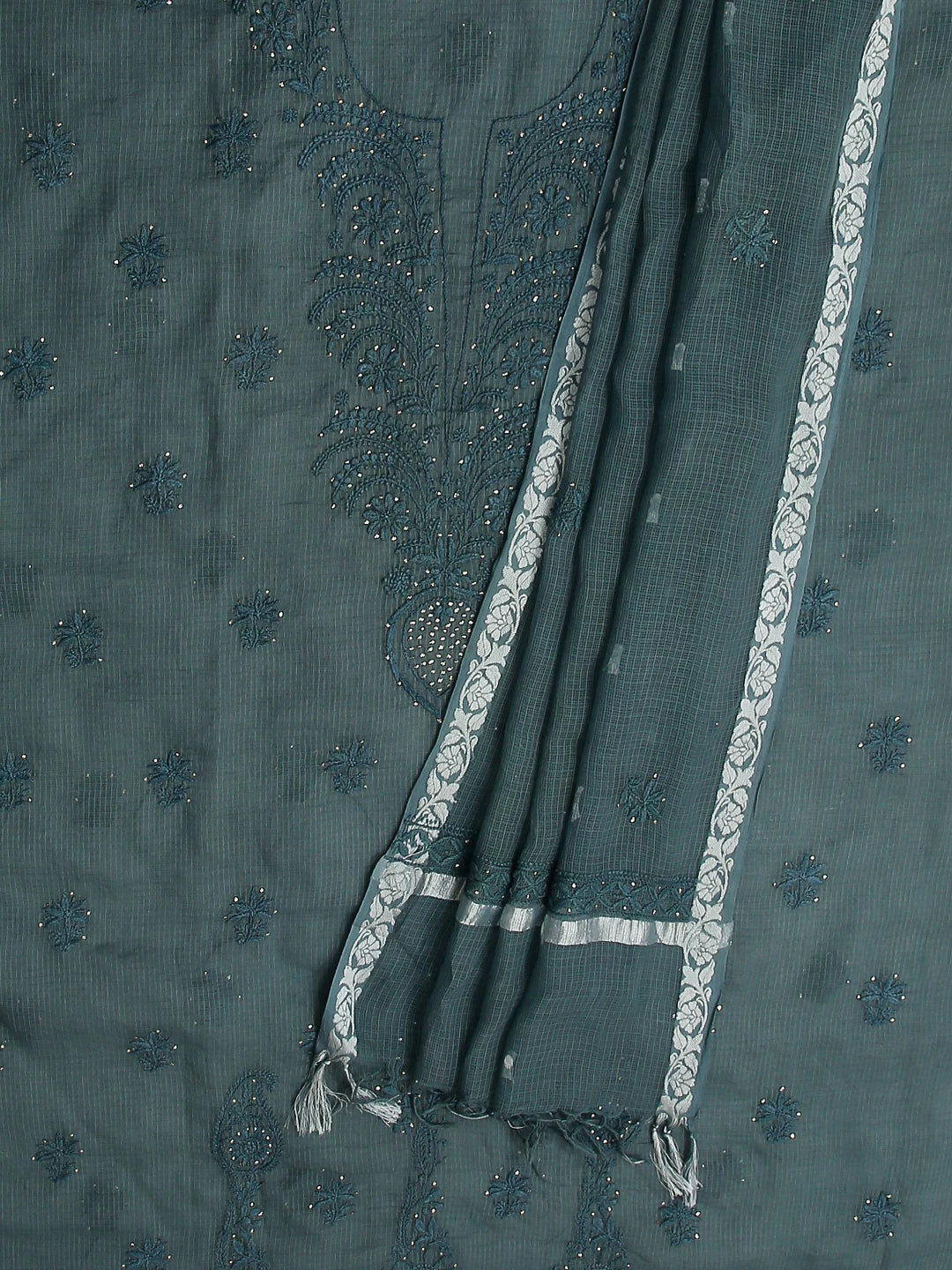 Ada Hand Embroidered Duck Green Kota Cotton Lucknowi Chikankari Unstitched Kurta Dupatta Set With Mukaish Work 01A399930