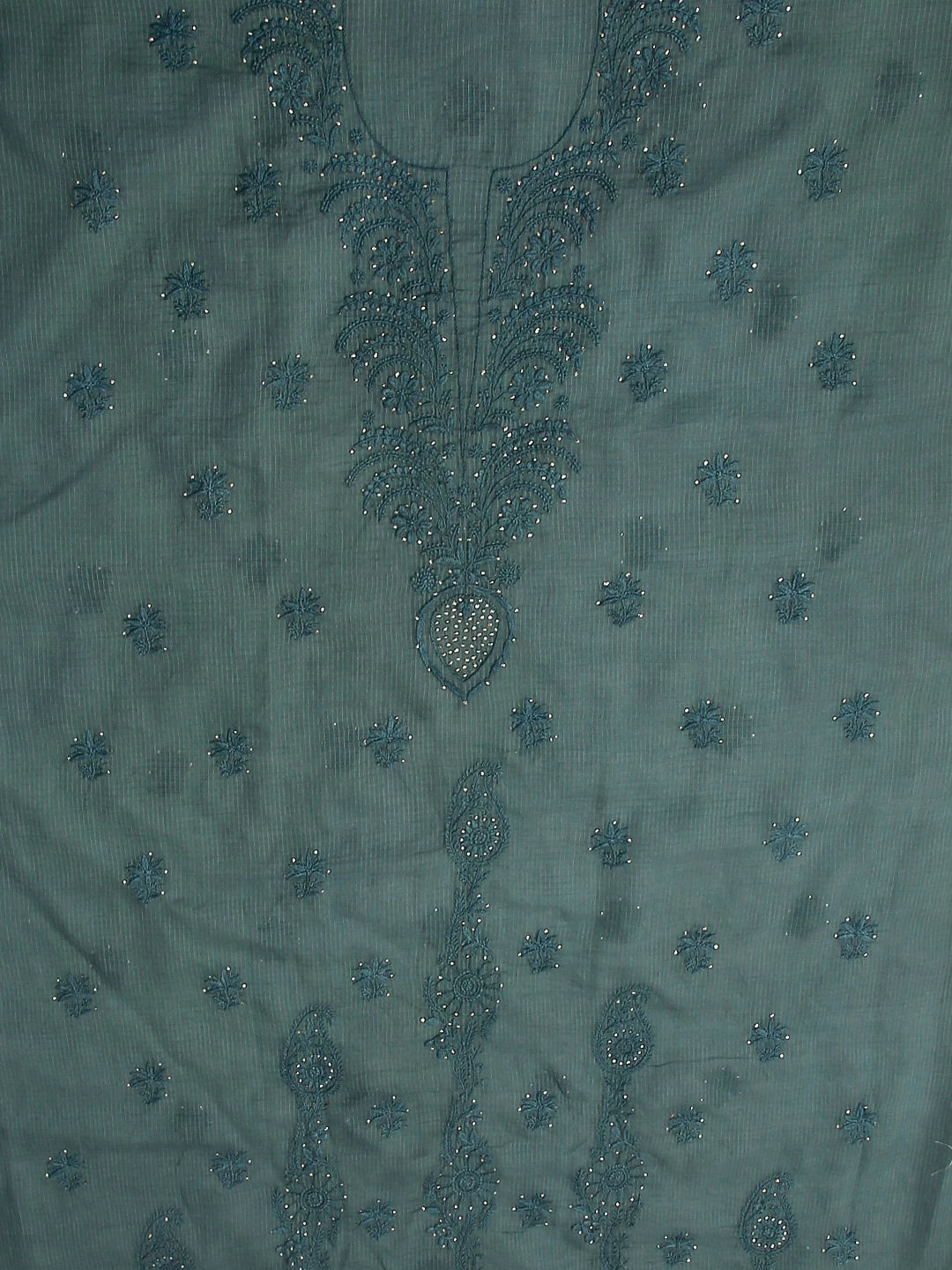 Ada Hand Embroidered Duck Green Kota Cotton Lucknowi Chikankari Unstitched Kurta Dupatta Set With Mukaish Work 01A399930