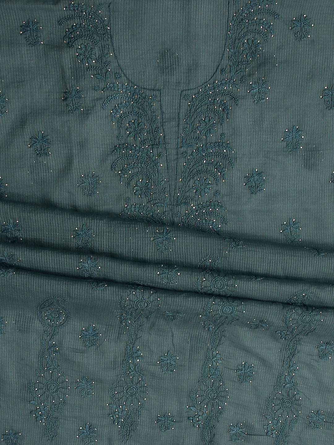 Ada Hand Embroidered Duck Green Kota Cotton Lucknowi Chikankari Unstitched Kurta Dupatta Set With Mukaish Work 01A399930