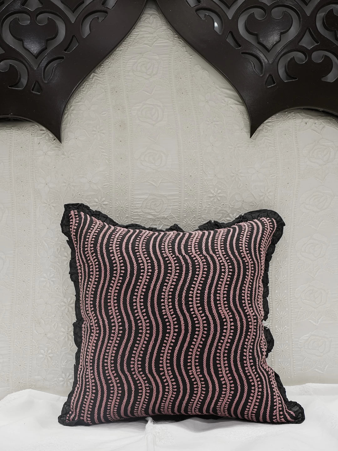 Ada Hand Embroidered Black Cotton Lucknowi Chikankari Cushion Cover 01A502195