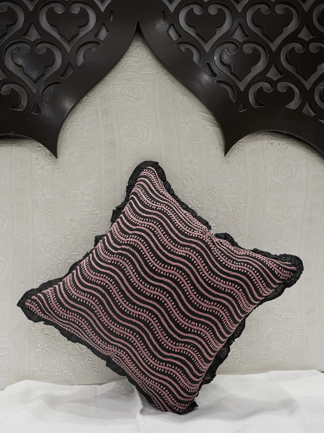 Ada Hand Embroidered Black Cotton Lucknowi Chikankari Cushion Cover 01A502195