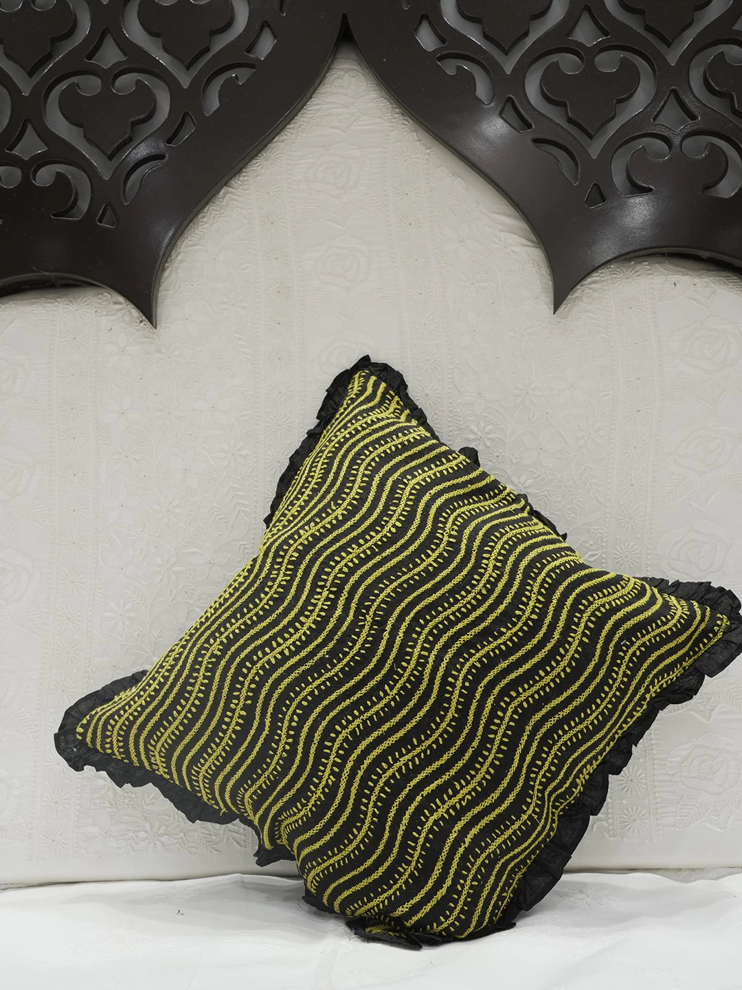 Ada Hand Embroidered Black Cotton Lucknowi Chikankari Cushion Cover 01A502289