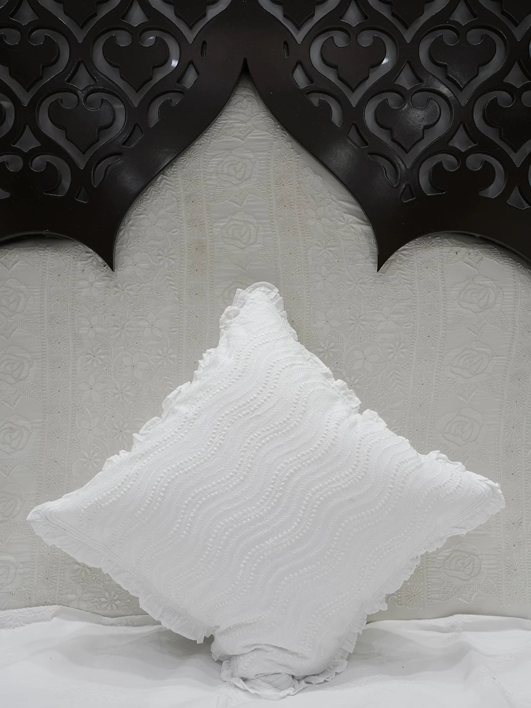 Ada Hand Embroidered White Cotton Lucknowi Chikankari Cushion Cover 01A502149