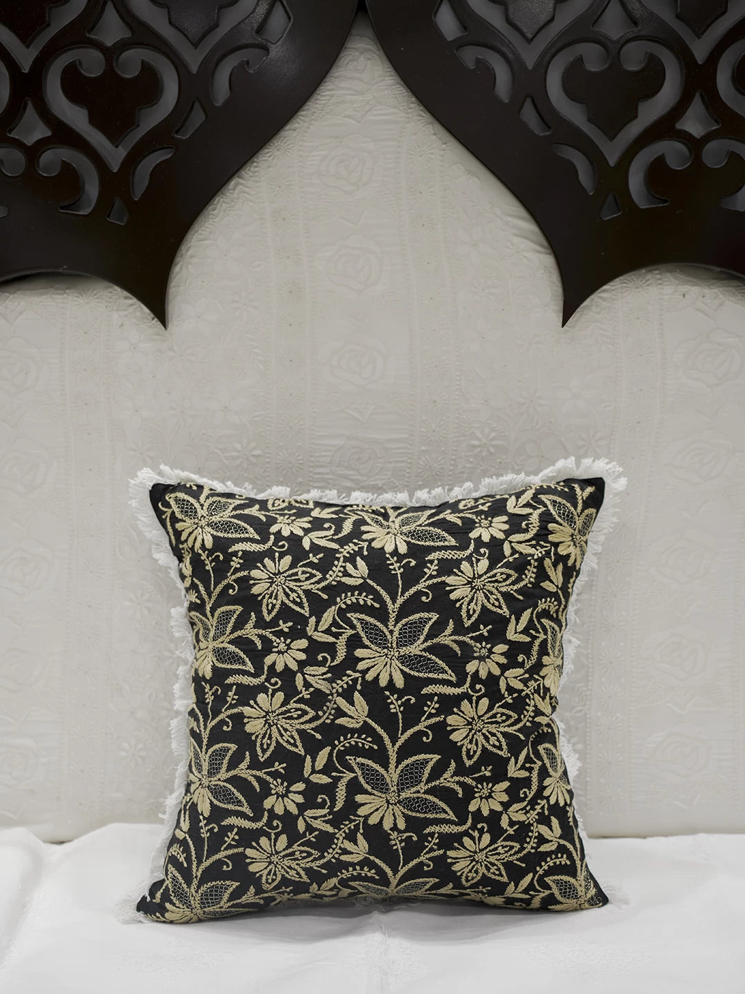 Ada Hand Embroidered Black Cotton Lucknowi Chikankari Cushion Cover 01A503038