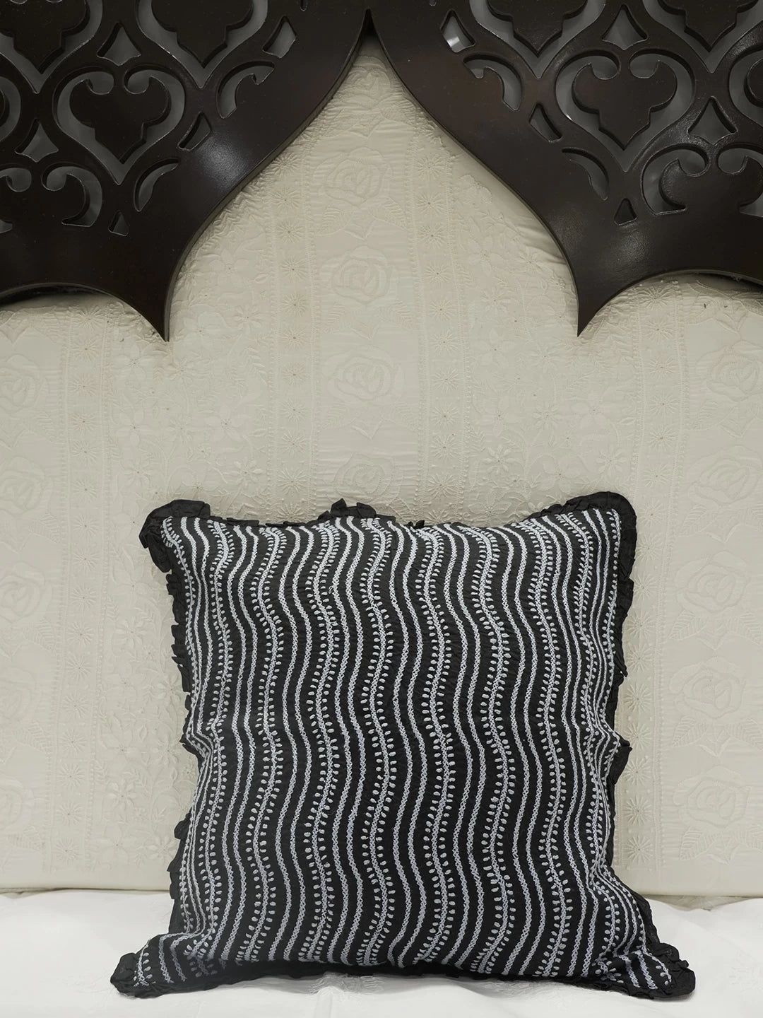 Ada Hand Embroidered Black Cotton Lucknowi Chikankari Cushion Cover 01A502301